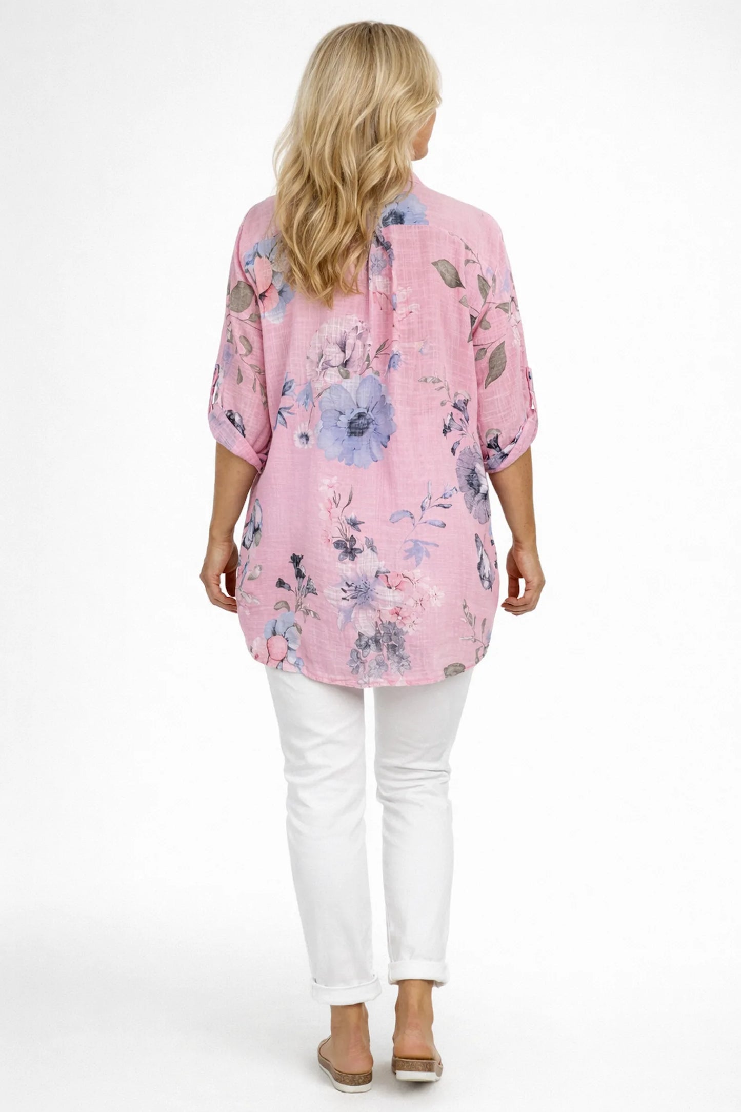 Pure Cotton Button Sleeve Julia Button Shirt - Baby Pink
