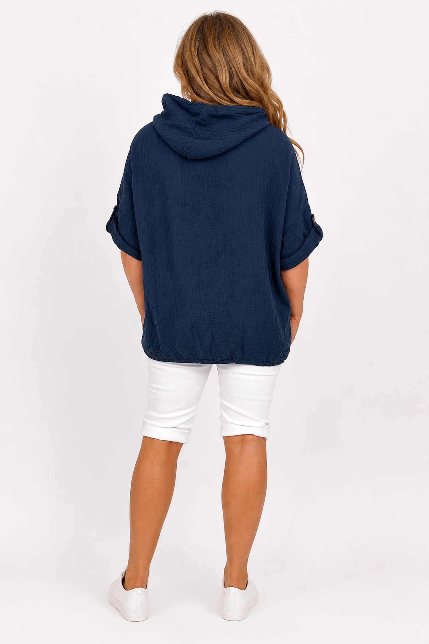 Pure Bubble Cotton Button Sleeve Badge Detail Pocketed Zara Hoodie - Navy