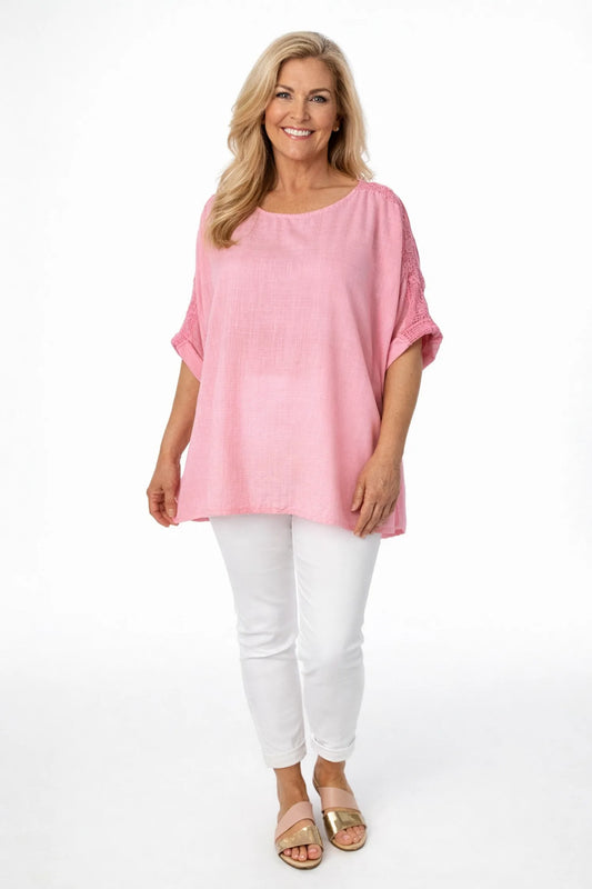 Linen Cotton Mix Premium Stitch Floral Crochet Shoulder Toscana Top - Summer Rose Pink