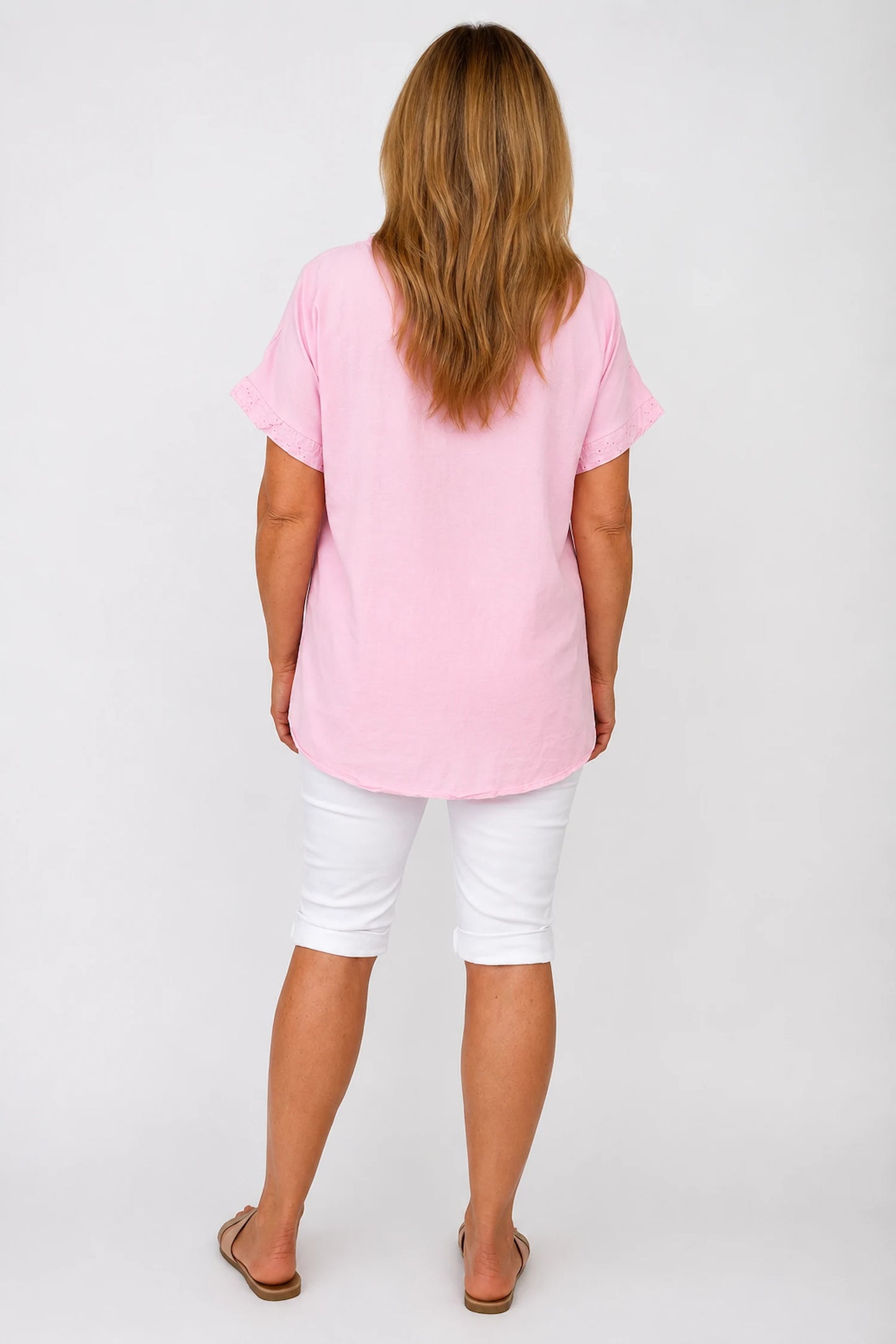 Pure Cotton Floral Embroidery Anglaise Clarissa Top - Baby Pink