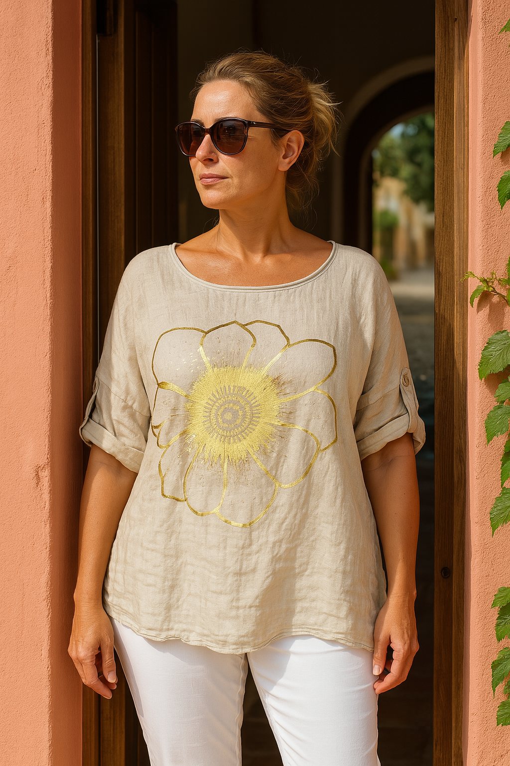 Linen Cotton Mix Button Sleeve Gold Flower Angelica Top - Beige