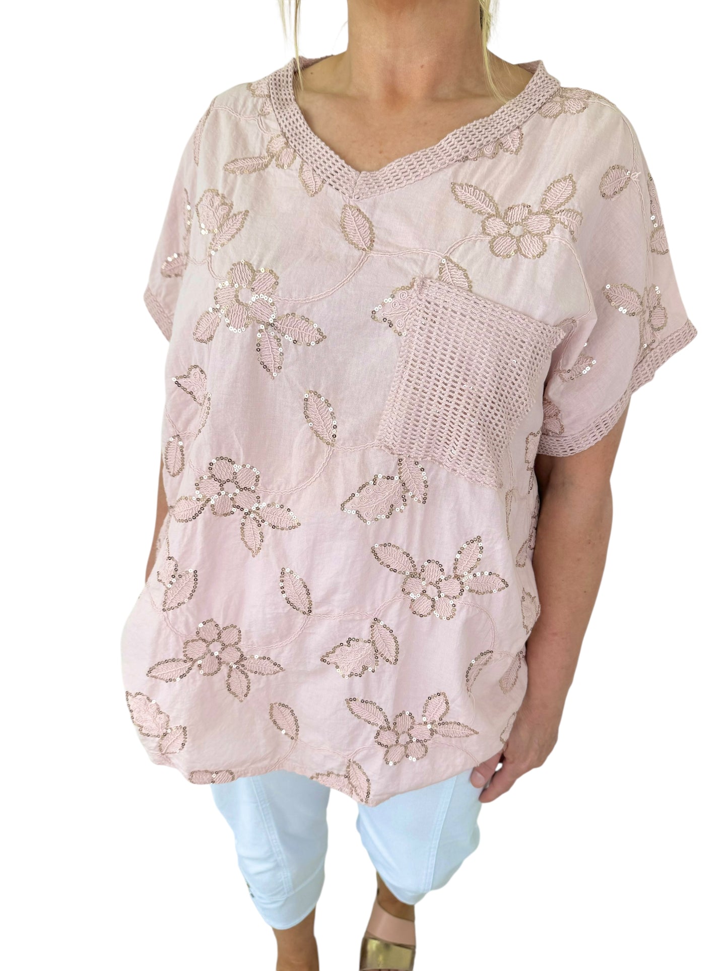 Pure Cotton Crochet Detail Gold Sequin Pocket Andriana Top - Baby Pink