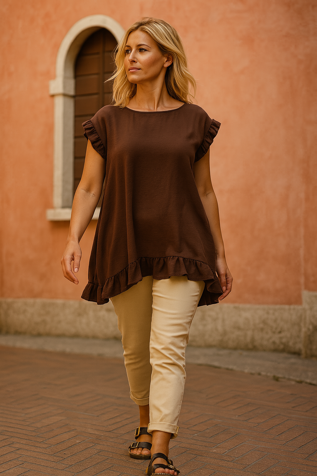 Button Back Frill Detail Ella Top - Chocolate