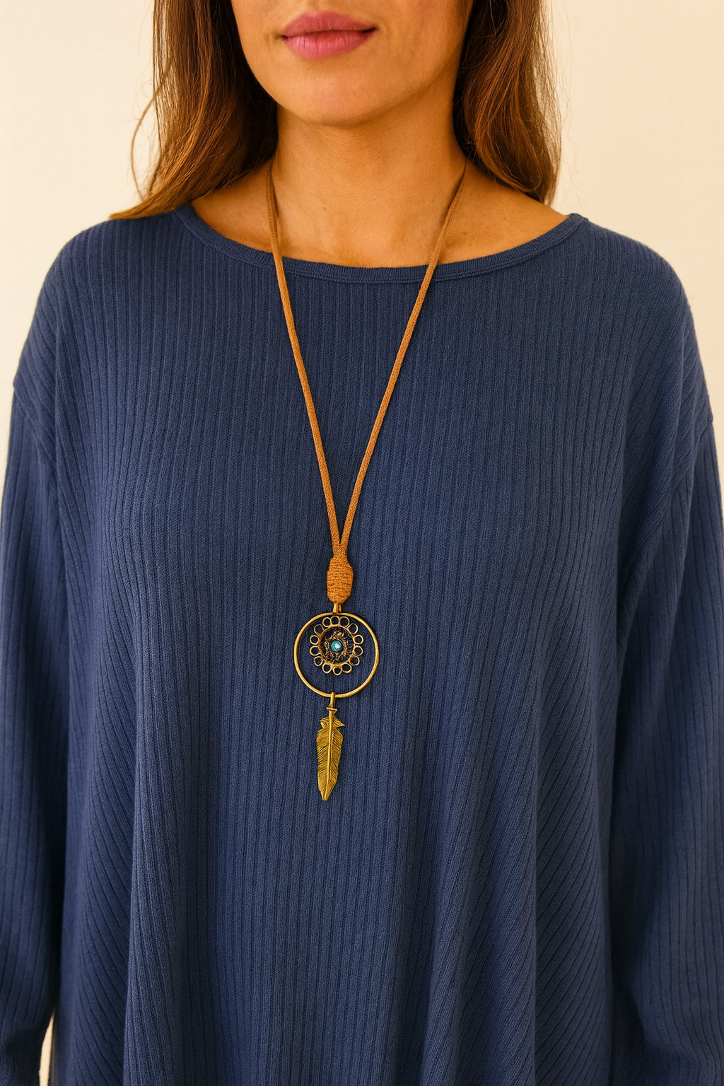 Ribbed Knit Italia Necklace Fine Knit Top - Navy