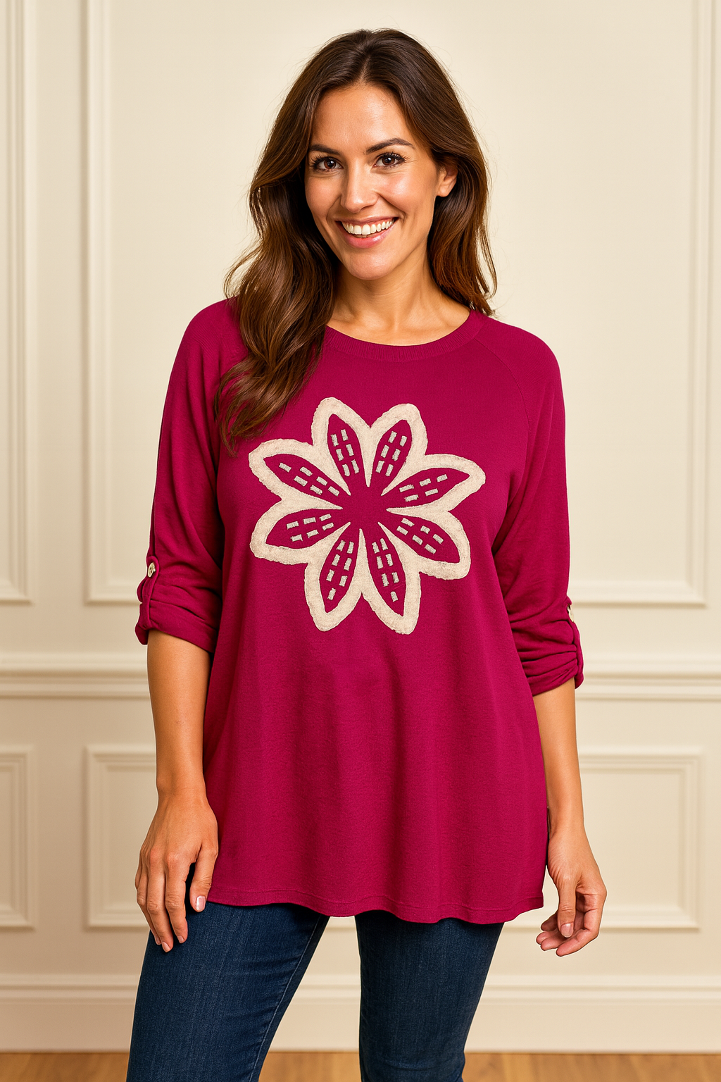 Luxury Knit Button Sleeve Sasia Sparkle Flower Top - Red Wine