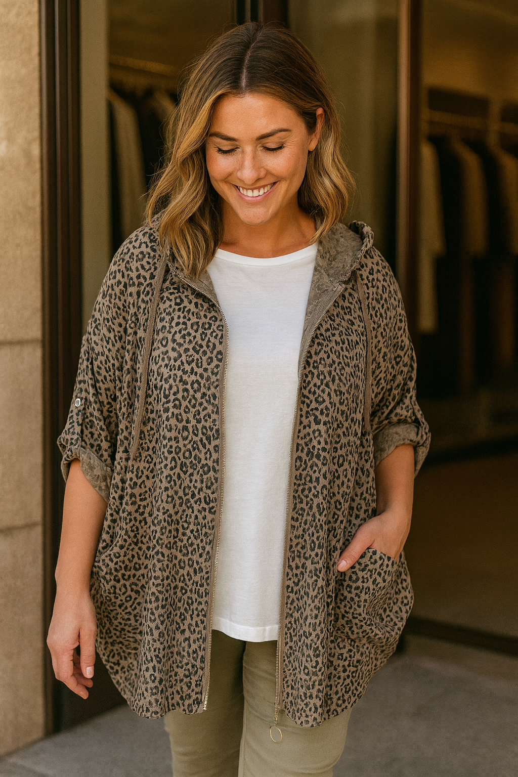 Light Weight Premium Stitch Zipped Button Sleeve Amari Leopard Print Jacket - Mocha