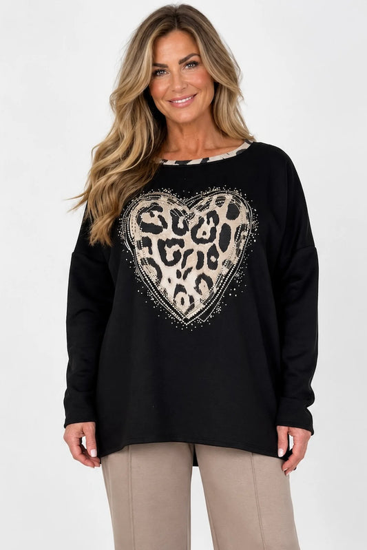 Leopard Trim Diamanté Heart Lexi Top - Black