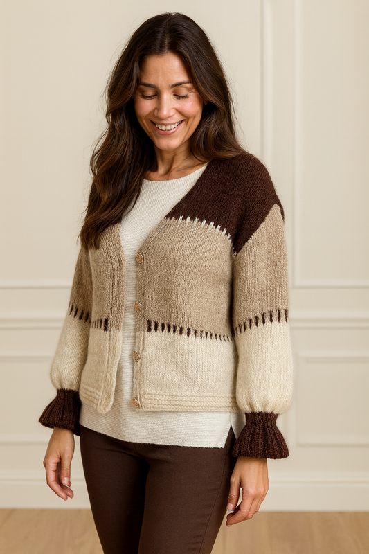 Premium Knit Gold Button Vitala Cardigan - Chocolate/Beige/Cream