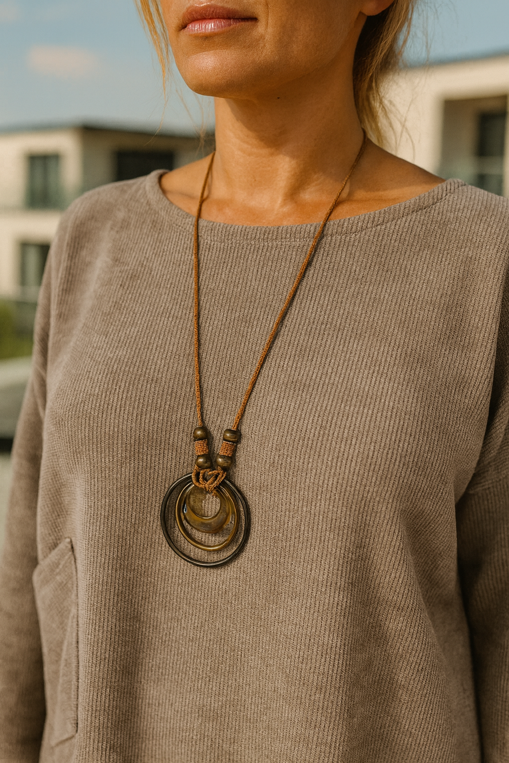 Chenille Paris Pocket Detail Necklace Top - Mocha