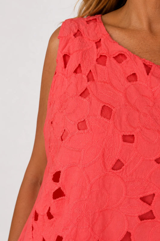 Pure Cotton Fully Lined Embroidery Anglaise Missi Vest - Coral