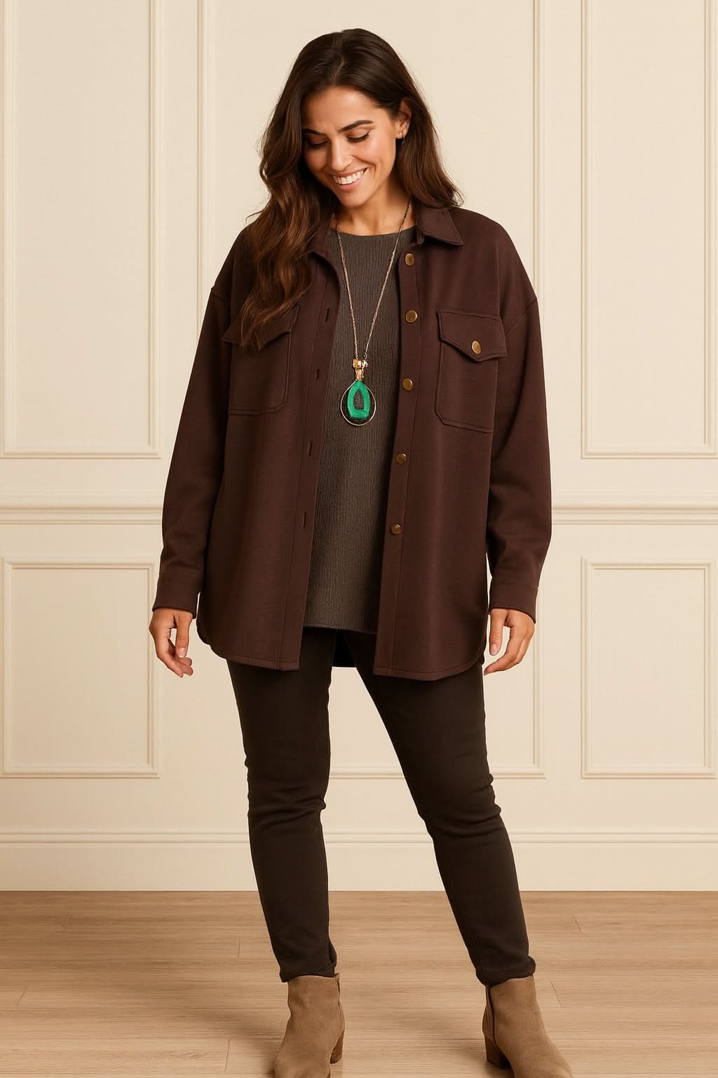 Premium Stitch Gold Button Double Pocket Verona Shacket - Chocolate