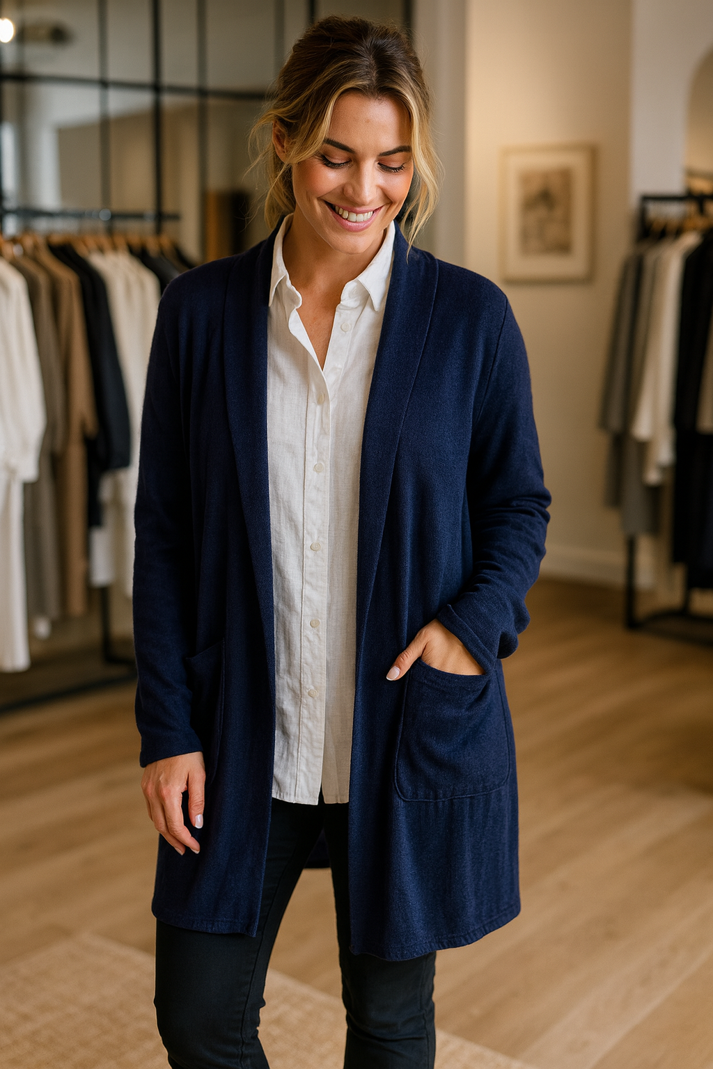 Soft Knit Double Pocket Sasia Cardigan - Navy