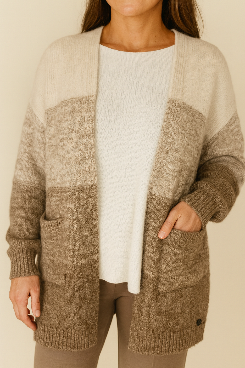 Wool Mix Double Pocket Oxford Cardigan - Mocha