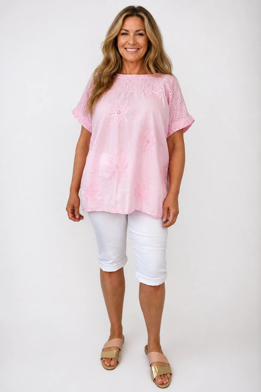 Pure Cotton Floral Embroidery Anglaise Clarissa Top - Baby Pink