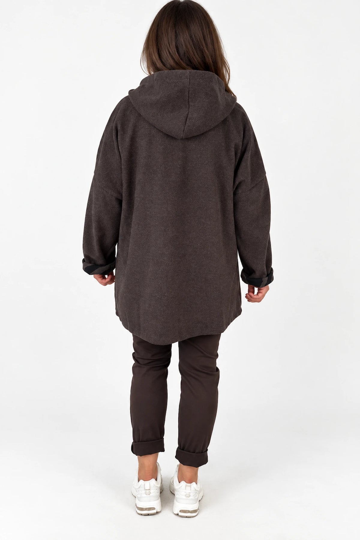 Double Pocket Zipped Contrast Animal Print Lined Valentina Brushed Hooded Coat - Chocolate