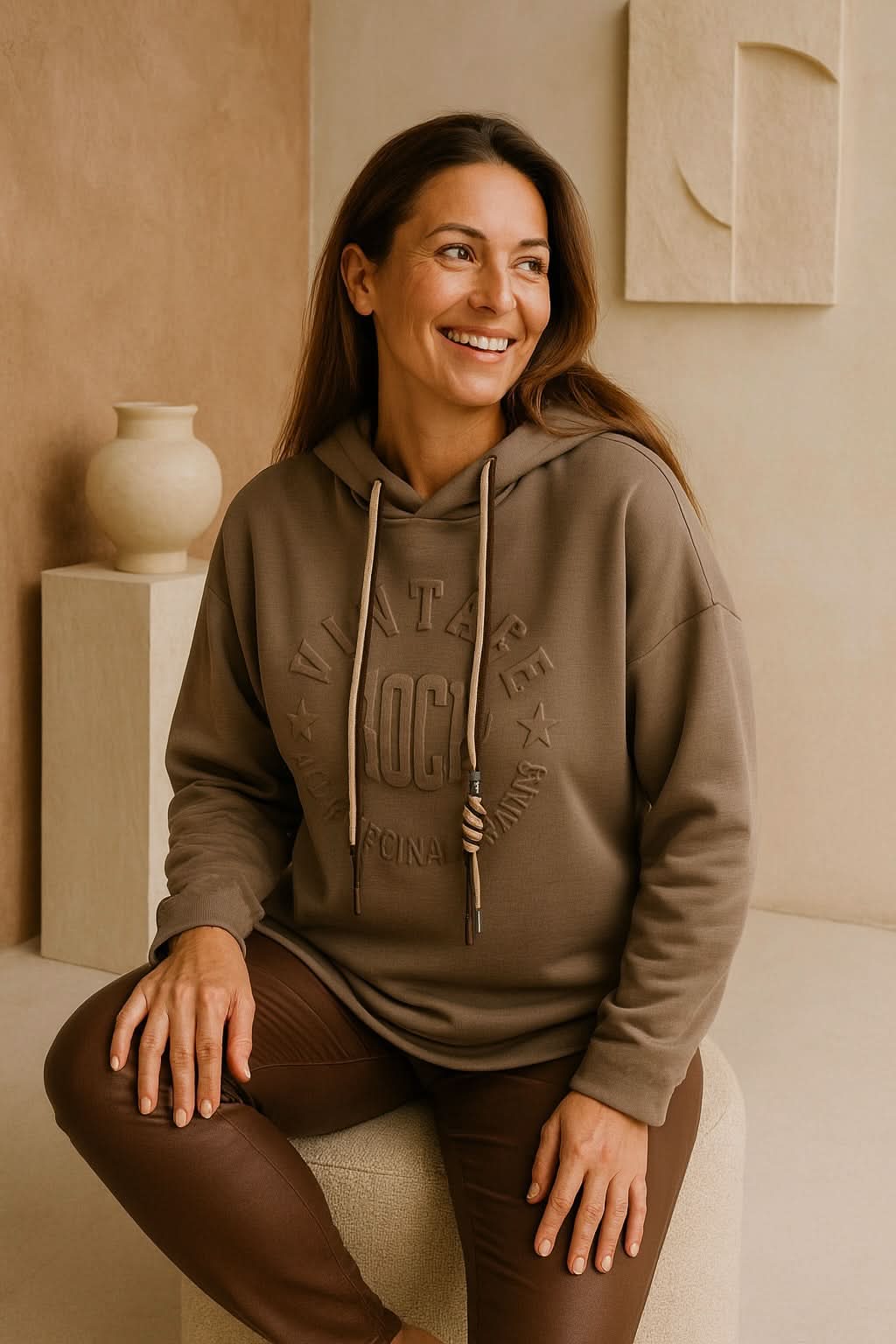 Vintage Embossed Double Drawstring Lightweight Hoodie - Mocha