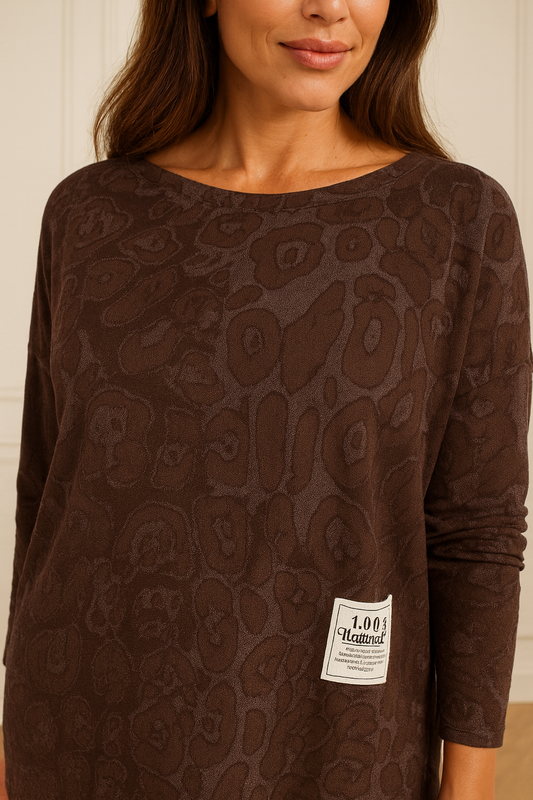 Pure Cotton Leopard Print Rivia Badge Detail Raw Edge Hem Sweatshirt - Chocolate