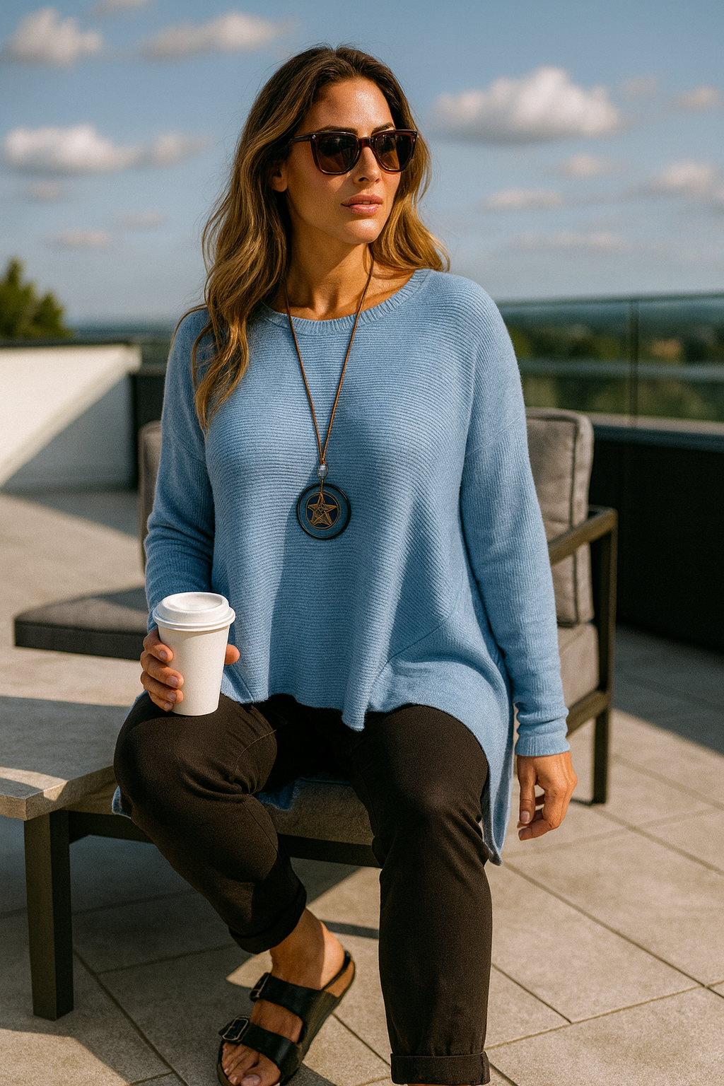 Wool Mix Ribbed Knit High Low Amira Necklace Top - Light Denim