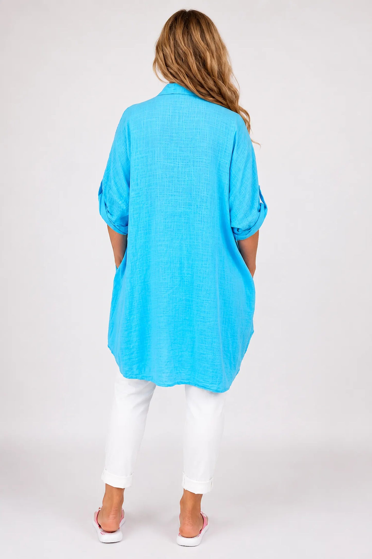 Pure Cotton Button Sleeve Cressida Button Shirt - Turquoise