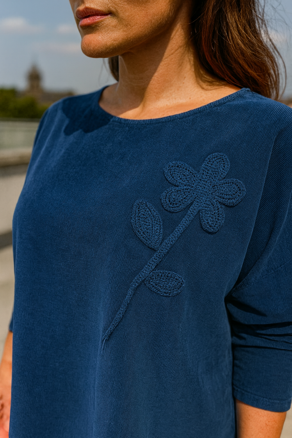Pure Cotton Needlecord Flower Stitch Arabella Top - Navy