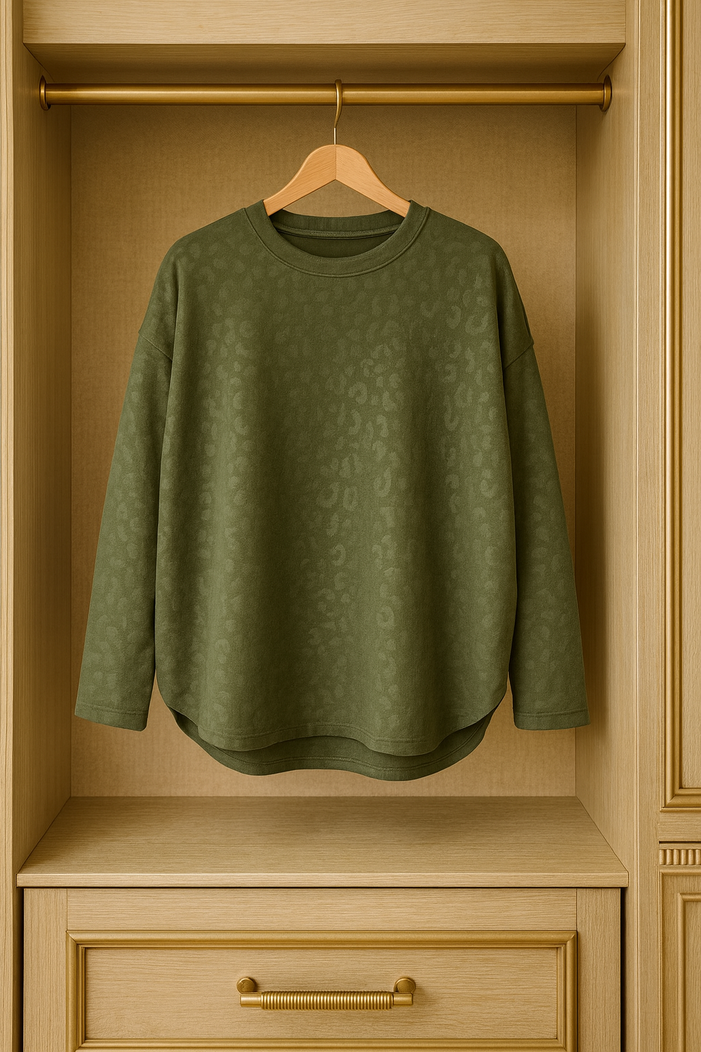 Premium Stitch Embossed Leopard Print Raw Edge Hem Camellia Sweatshirt - Khaki