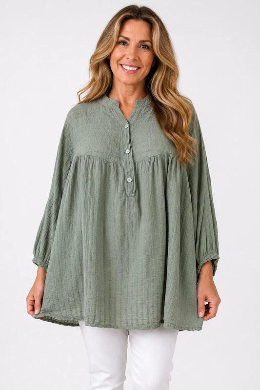 Pure Cotton Elasticated Sleeve Venice Button Shirt - Khaki