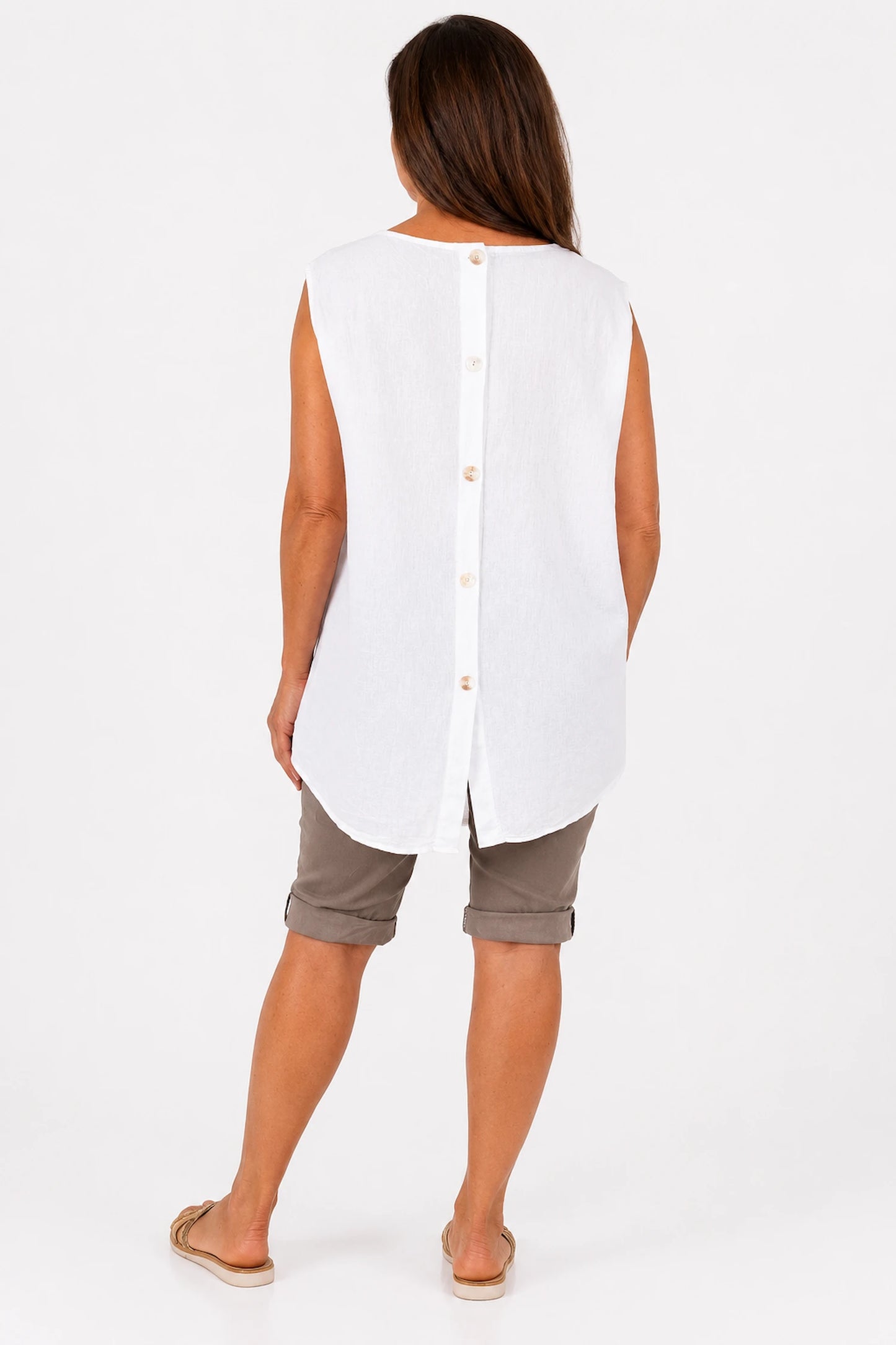 Linen Cotton Mix Button Back Embroidered Crochet Pocket Primrose Vest - White
