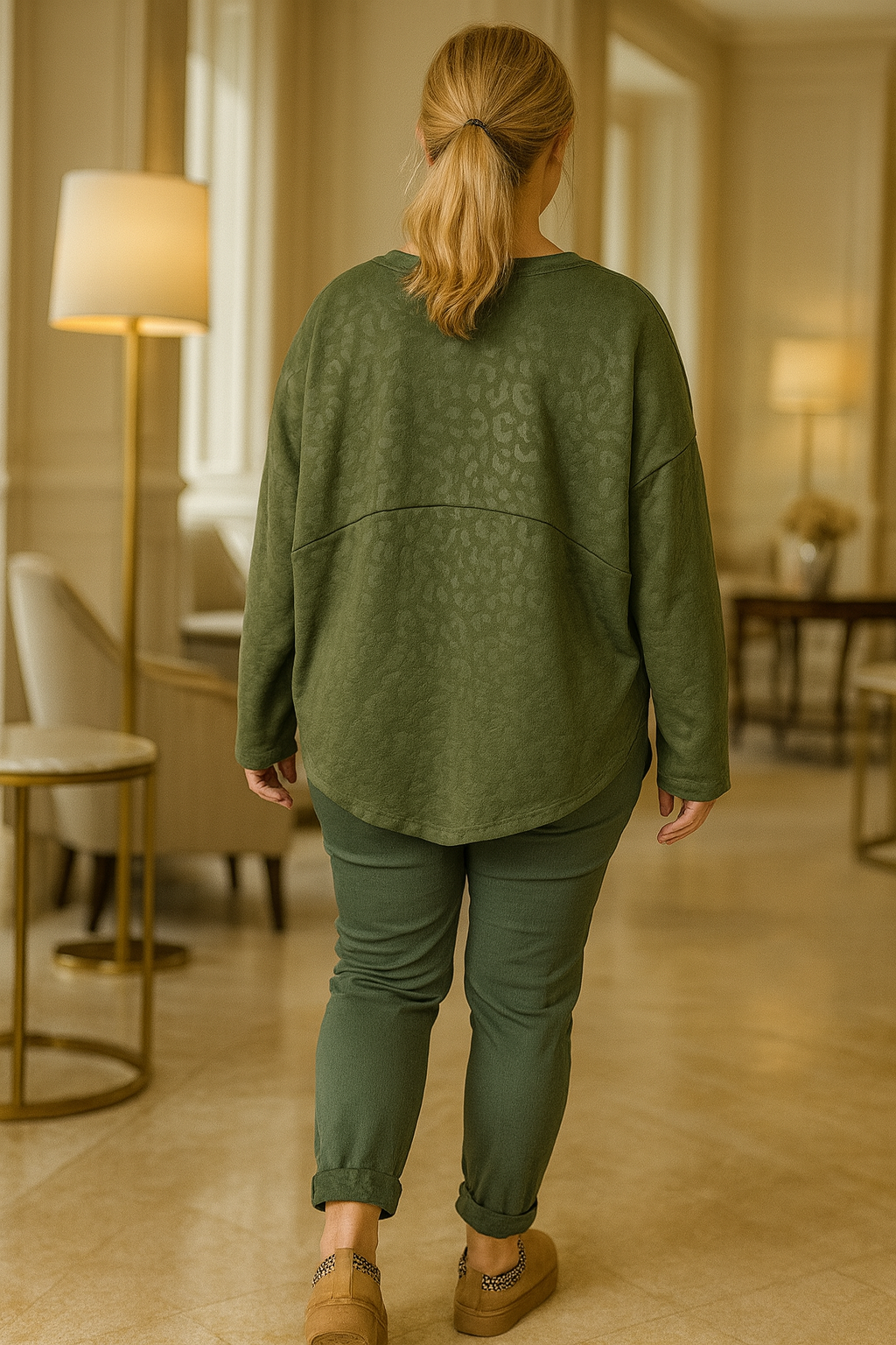 Premium Stitch Embossed Leopard Print Raw Edge Hem Camellia Sweatshirt - Khaki