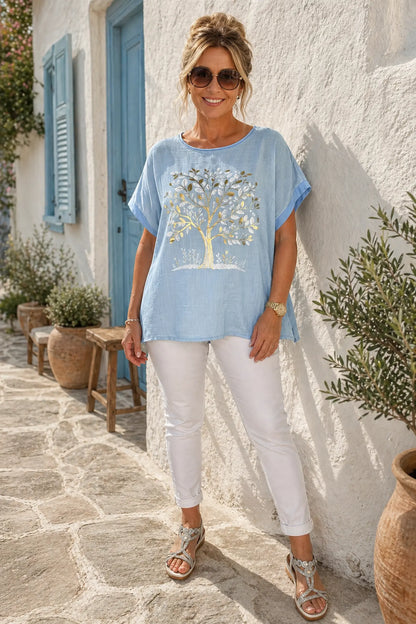Linen Cotton Mix Diamanté Golden Leaf Carletta Top - Light Denim