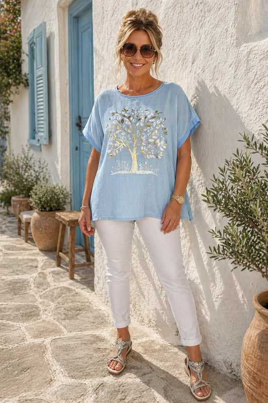 Linen Cotton Mix Diamanté Golden Leaf Carletta Top - Light Denim