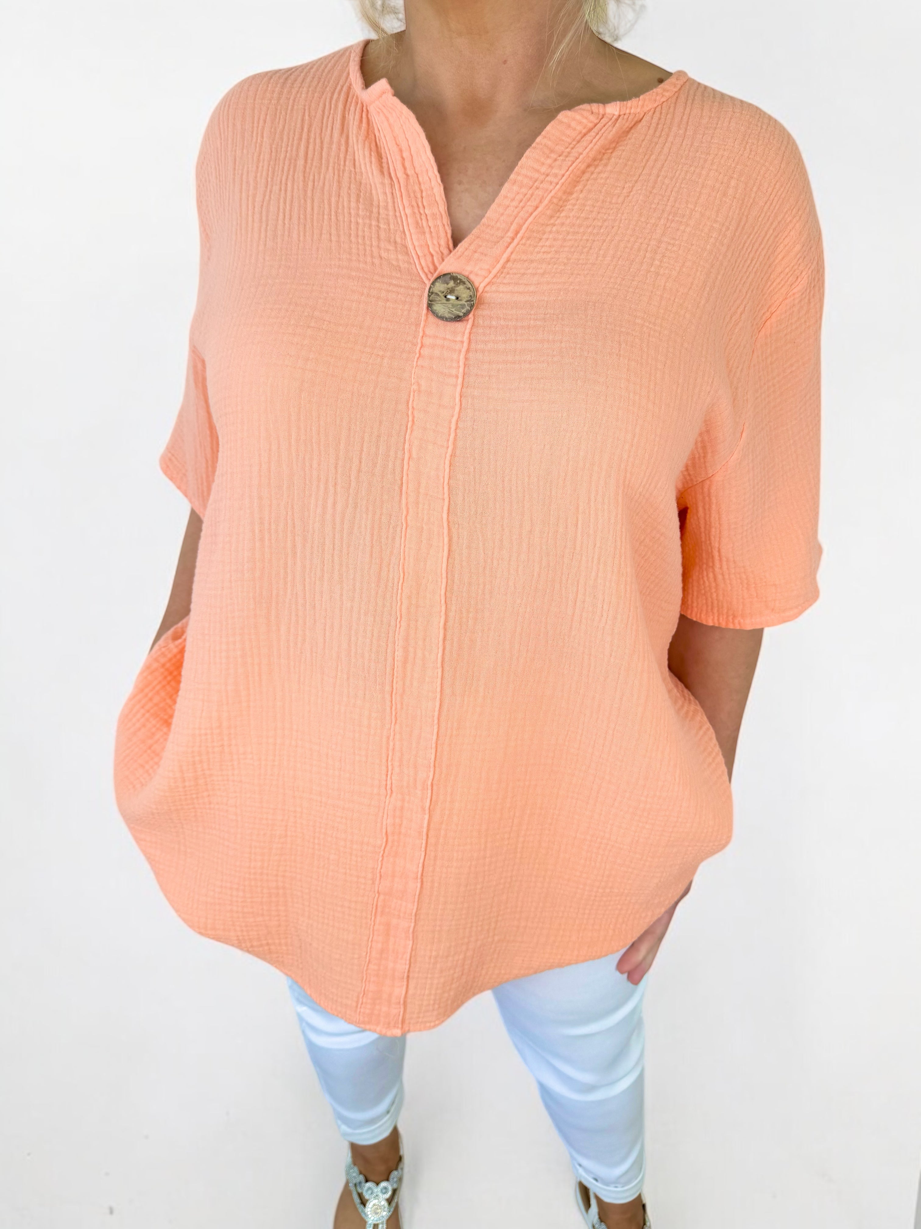 Pure Bubble Cotton One Button Siera Top - Peach