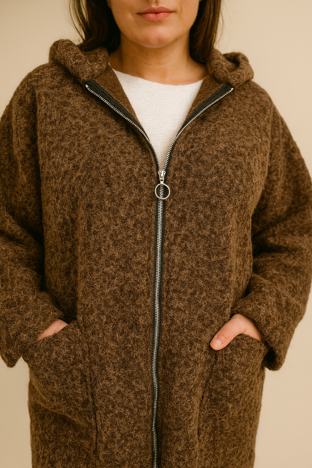 Double Pocket Zipped Monica Hooded Jacket - Chocolate