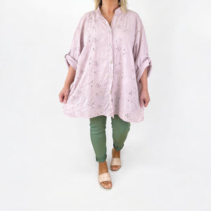 Cotton Oversized Embroidery Anglaise Button Sleeve Shirt - Dusky Pink