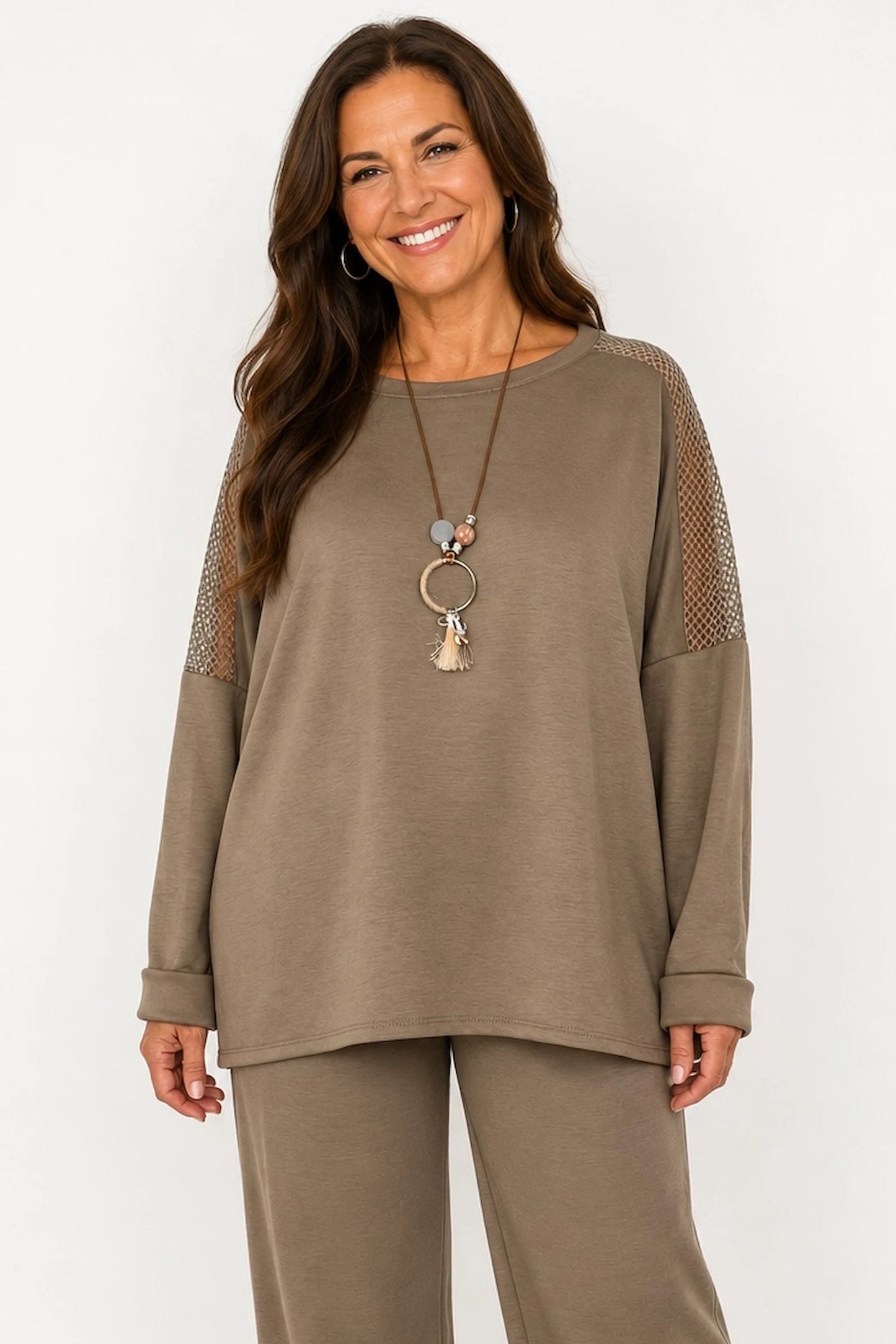 Roxanne Mesh Detail Necklace Top - Mocha