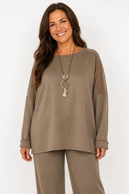 Roxanne Mesh Detail Necklace Top - Mocha