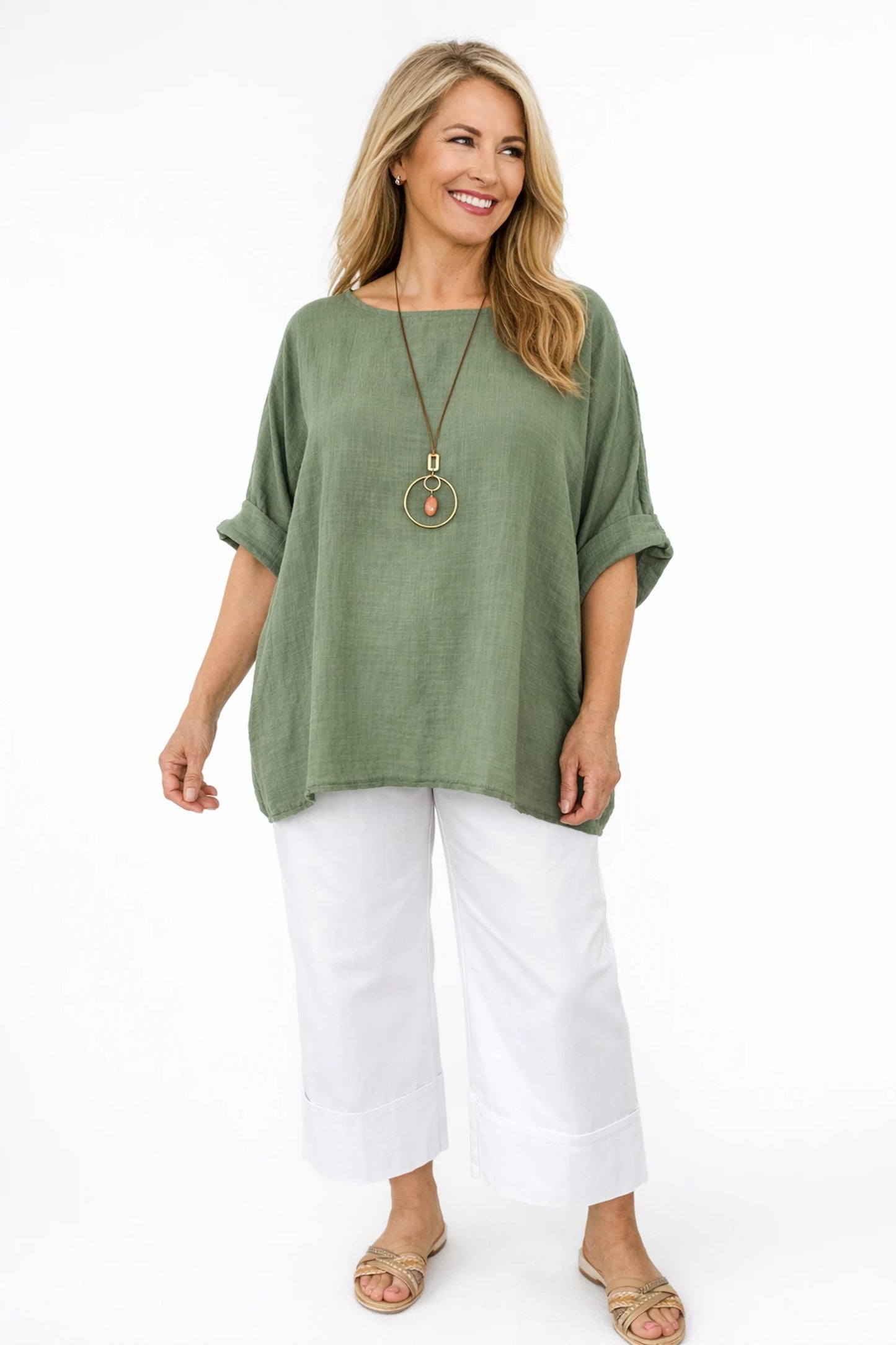 Pure Cotton Linen Look Italia Necklace Top - Khaki