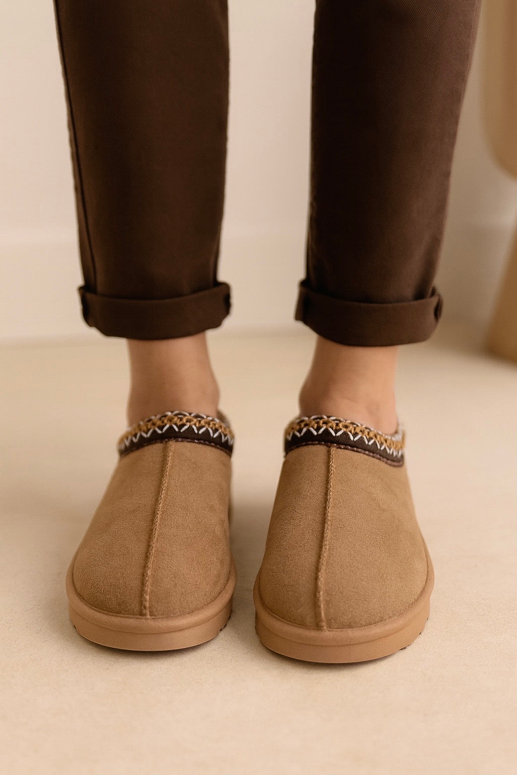 Aztec Faux-Suede Fur Lined Slipper Shoe - Mocha