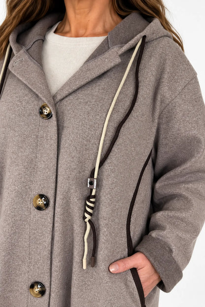 Viera Contrast Trim Double Pocket Drawstring Hooded Button Coat - Mocha