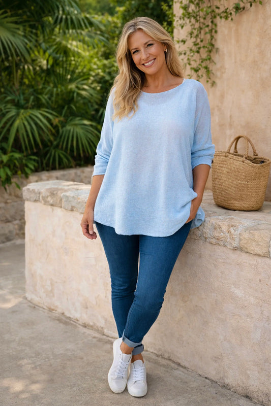 Cotton Seam Sleeve Vittoria Spring Knit Top - Baby Blue