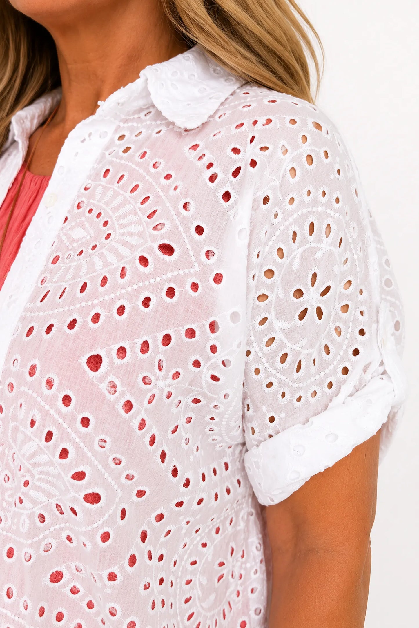 Pure Cotton Embroidery Anglaise Crochet Button Sleeve Milan Button Shirt - Santorini White