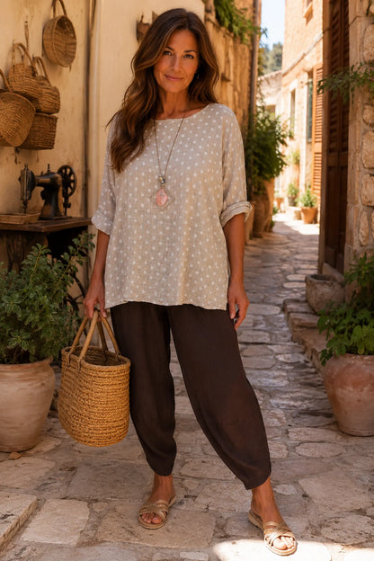 Pure Cotton Polka Dot Mari Necklace Top - Beige