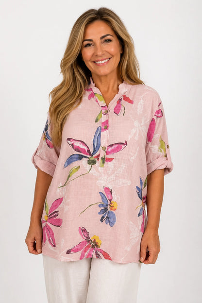 Pure Cotton Button Sleeve Alice Shirt - Baby Pink