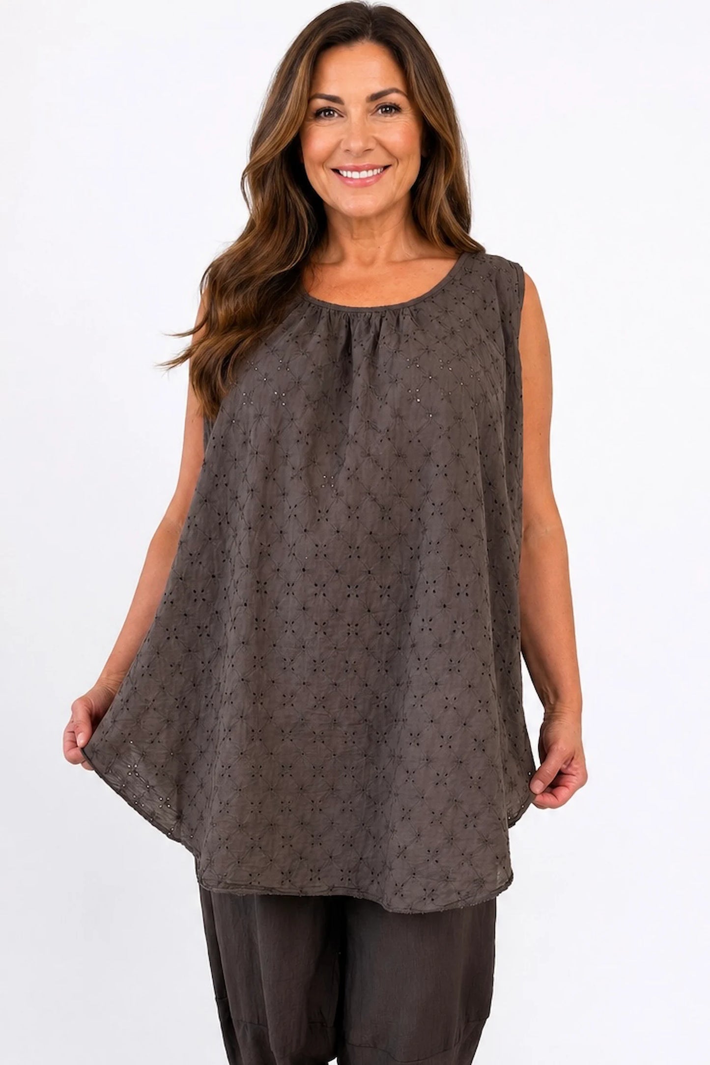 Pure Cotton Embroidery Anglaise Mica Vest - Chocolate