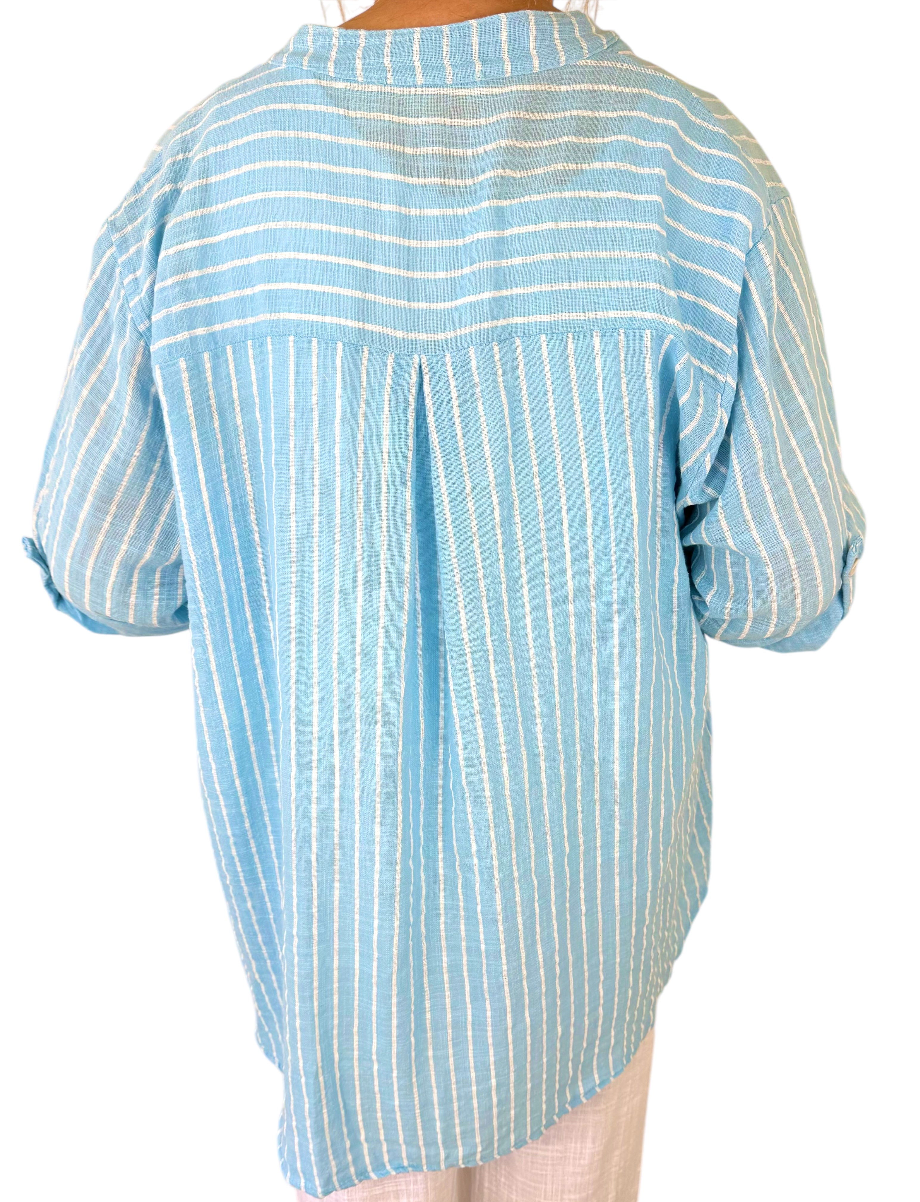 Pure Cotton Pin Stripe Button Sleeve Veresca Shirt - Baby Blue