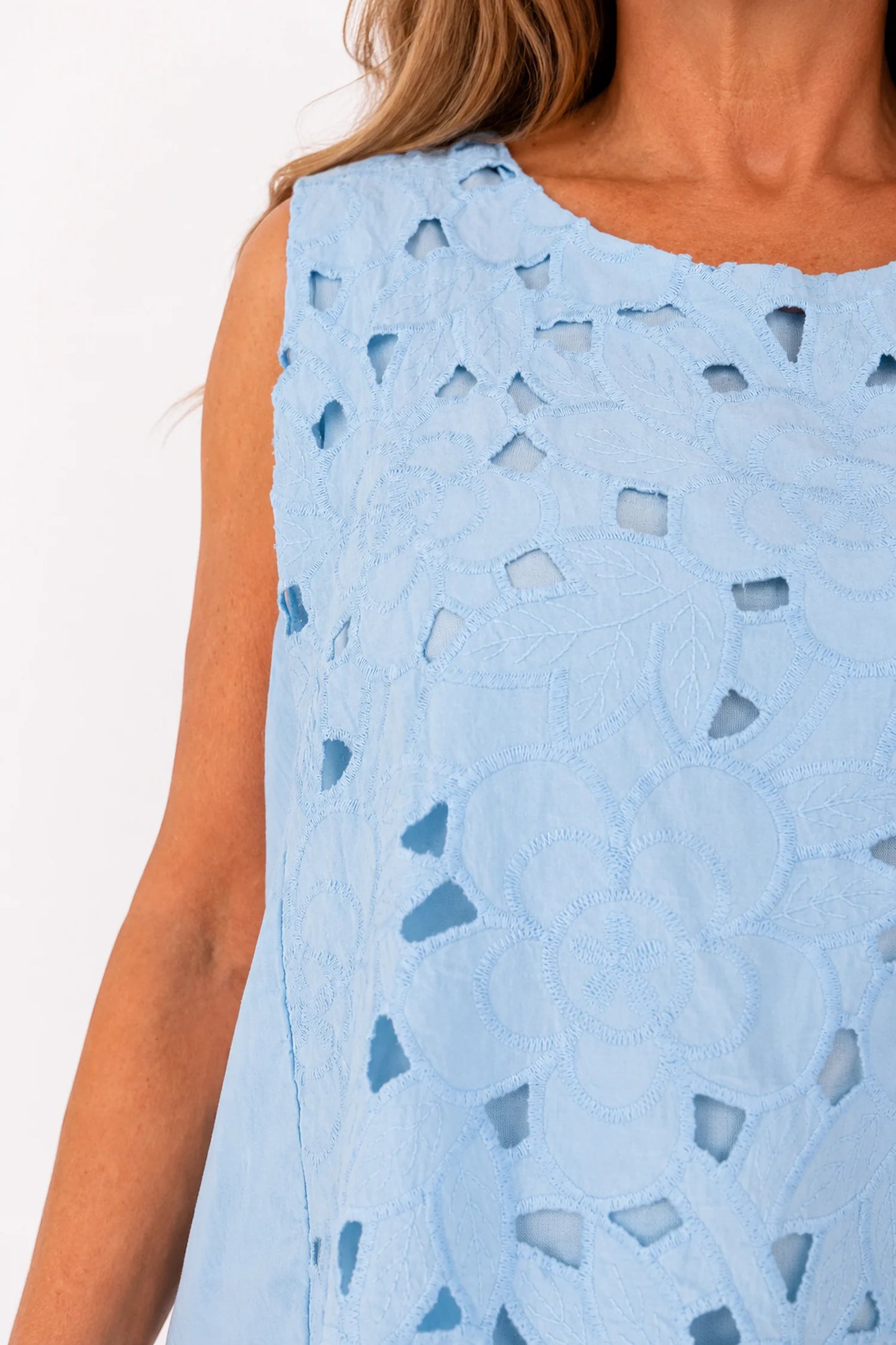 Pure Cotton Fully Lined Embroidery Anglaise Missi Vest - Light Denim