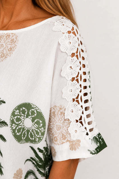 Embroidered Floral Crochet Sleeve Palm Top - Jungle Green