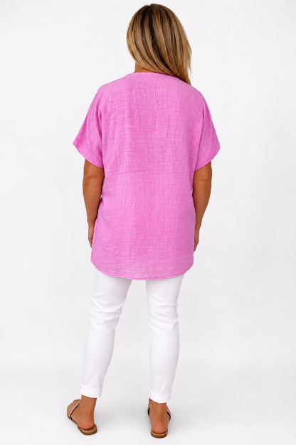 Pure Cotton Embroidery Anglaise Crochet Sleeve Devure Top - Lipstick Pink