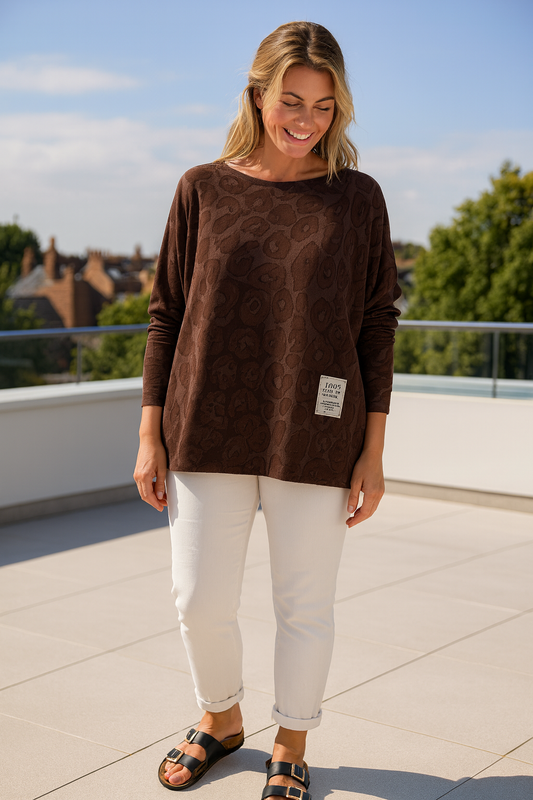 Pure Cotton Leopard Print Rivia Badge Detail Raw Edge Hem Sweatshirt - Chocolate