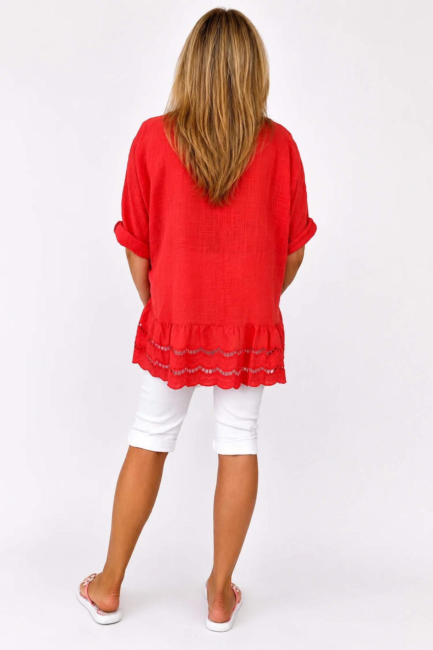 Pure Cotton Embroidery Anglaise Crochet Hem Caprina Top - Coral Red