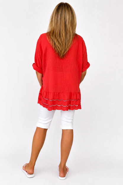 Pure Cotton Embroidery Anglaise Crochet Hem Caprina Top - Coral Red